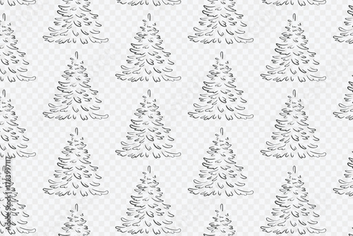 Soft monochrome pattern with graceful fir trees on a transparent background. Forest trees in a stiletto doodle style. Perfect for elegant winter stationery, packaging, modern holiday branding