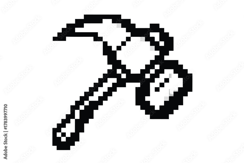 Fototapeta premium A black pixelated hammer with a claw emerges on a clean, white background