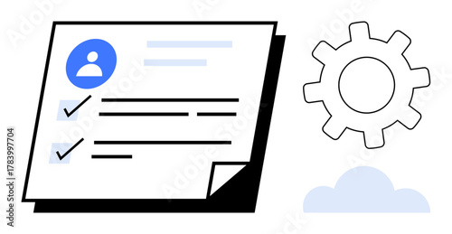 Profile document icon with a checklist next to a gear and cloud. Ideal for organization, user settings, cloud integration, task completion, workflow management, productivity, and minimal design
