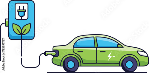 Electric car charging cartoon illustration, symbolic eco mobility and expressive clean energy artwork for design and sustainability