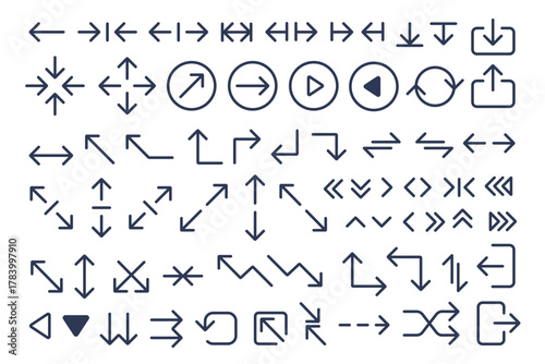 Direction and dimension arrows, pointer up and down, forward and backward line icon set. Scalable arrows to measure size, proportion expand, swipe thin black outline symbols vector illustration