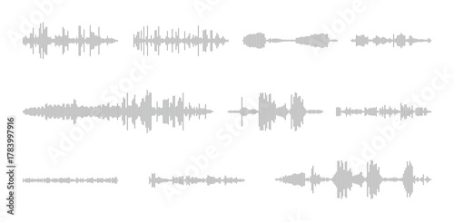 Voice message, phone call signal and podcast, music track line soundwaves of audio player app icon set. Digital sound waves pattern, equalizer of social media speech bubbles vector illustration