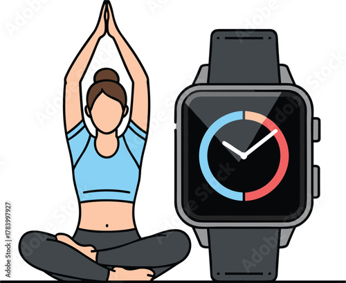 Mindful yoga pose cartoon illustration, symbolic wellness tracking and expressive digital habit artwork for design and education