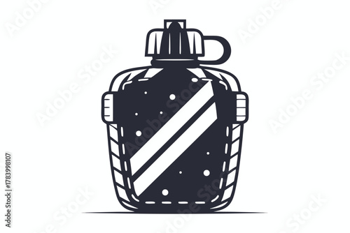 A monochrome water canteen is depicted with simplistic and stylized white striping on its front