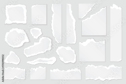 Torn white paper pieces of different shapes, blank frames with ripped rough white edges set. Blank notes, blue and green pages, yellow scrap of cardboard collection vector illustration