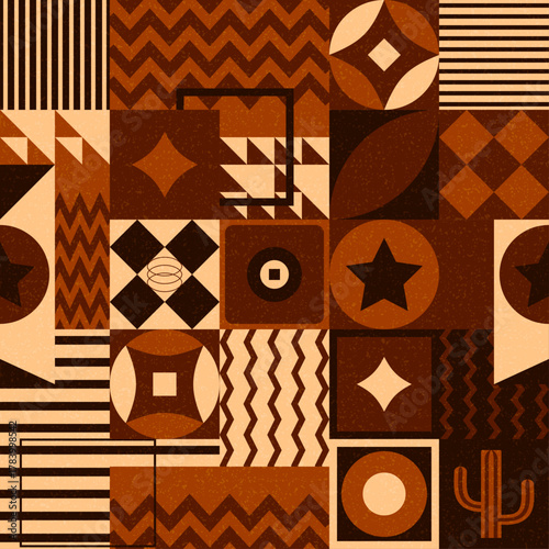 This geometric patchwork uses a terracotta and brown palette blending Southwestern style with retro vibes It features tiled stripes chevron and a cactus creating a textured earthy design Vector