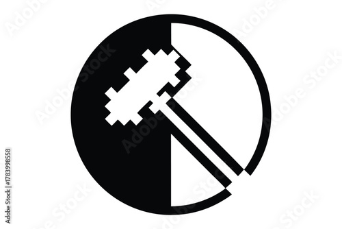 Black and white mallet icon displayed in a halved circle design looks very striking