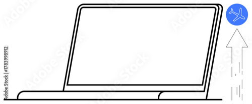 Open laptop with a blue airplane icon beside an upward arrow. Ideal for travel, innovation, online booking, technology, global connectivity, mobility, business growth in a simple flat metaphor