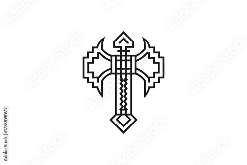 Black outline showcases a formidable battle axe symbol against a plain white background