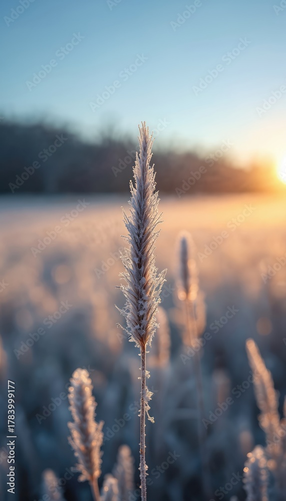 Fototapeta premium Frosty grass stalks stand in a field at sunrise. Golden light illuminates delicate ice crystals on plants. A peaceful winter morning scene with cool air and soft natural light.
