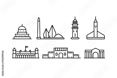 Assortment of Famous Landmark Building Icons Line Art landmarks buildings