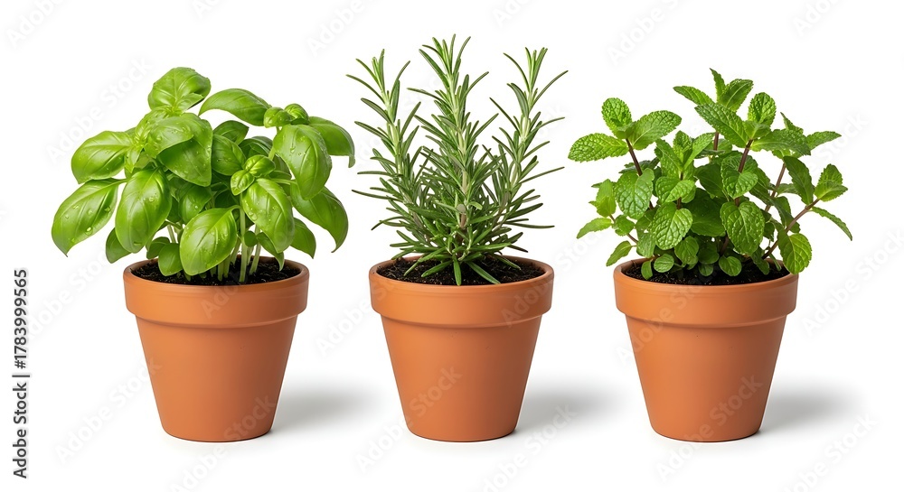 Fototapeta premium Three potted herb plants isolated on white background