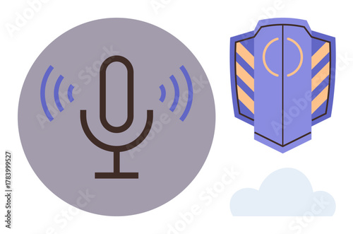 Microphone with sound waves conveys audio recording, shield symbolizes security, cloud hints at cloud storage. Ideal for communication, security, technology, podcasts, data protection, recording