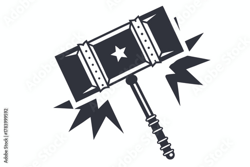 Dark spiked warhammer featuring a starburst slams down in striking monochrome detail