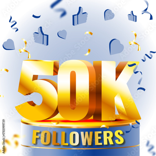 50K Followers Celebration Banner – Golden 3D Number Design with Confetti and Social Media Icons