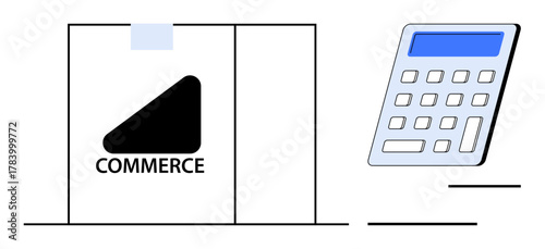 Shopping bag labeled commerce next to calculator with blue display for budgeting, business analysis, and retail concepts. Ideal for finance, commerce, accounting, shopping, e-commerce, planning