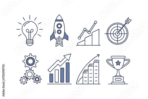 Business success icons including rocket, lightbulb, charts, and trophy Keywords: business, success, startup, rocket, launch, idea, lightbulb