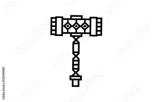 Detailed black line art shows a stylized geometric hammer with decorative pattern on white