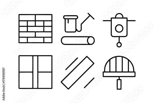 Construction Building Materials and Tools Line Art Icons brick