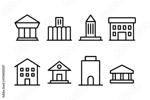 Eight Simple Line Art Icons of Various Building Types architecture house