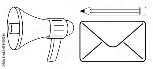 Megaphone, pencil, and envelope symbols in black line style emphasize communication, writing, and messaging. Ideal for marketing, email, writing, notifications content creation announcements