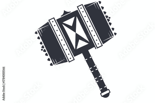 Heavy war hammer shows spiked edges with a geometric cross detail, strong monochrome weapon