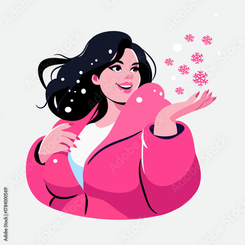 Curvy woman in pink coat catching snowflakes