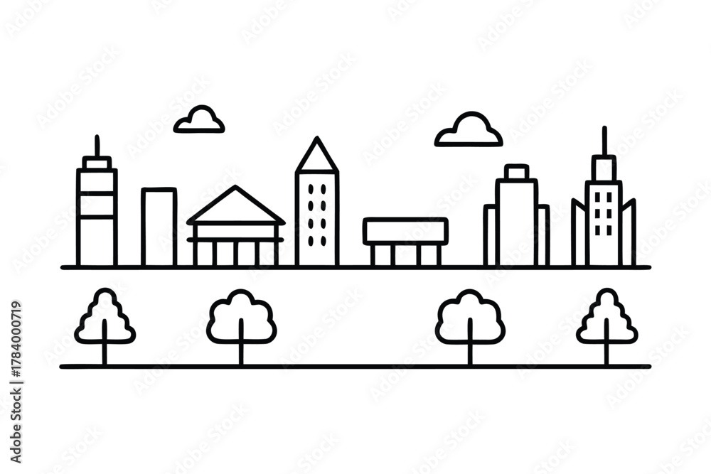 Fototapeta premium Minimalist Cityscape Skyline with Buildings and Trees Line Art architecture