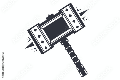 Isolated black hammer with detailed head and gripped handle stands poised on white
