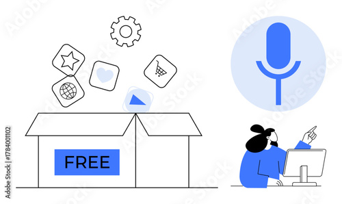 Open box labeled FREE releasing various app icons. Woman gesturing at computer screen, microphone icon. Ideal for technology, creativity, communication, education, media, productivity innovation