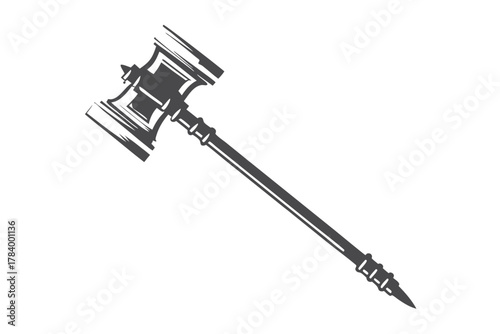 Isolated grayscale silhouette of a warhammer with a long handle and pointed tip