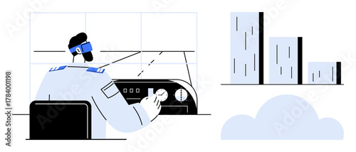 Pilot wearing uniform and headset using control panel in a tower, stylized city skyscrapers, and clouds. Ideal for aviation, communication, navigation, leadership, safety, technology teamwork