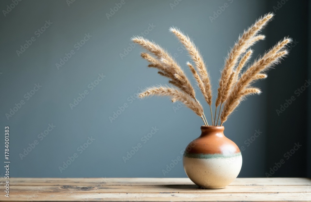 Naklejka premium A beige ceramic vase holding dried pampas grass arranged on a wooden surface