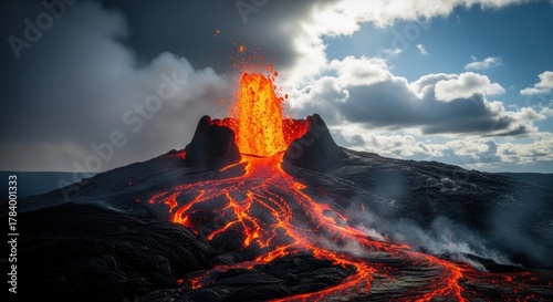 Volcanic eruption with explosive magma and hot lava flow. Natural geological event showing raw power. A dramatic landscape of creation and destruction. Metaphor for risk and change