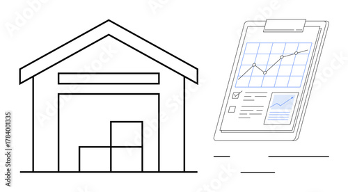 Warehouse building storing boxes, paired with a clipboard featuring charts, graphs, and data analysis. Ideal for supply chain, logistics, inventory, business growth, reporting tracking simple flat