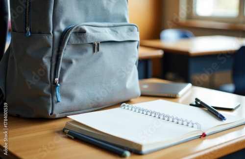 School backpack placed on a wooden desk with notebooks and pens in a classroom setting