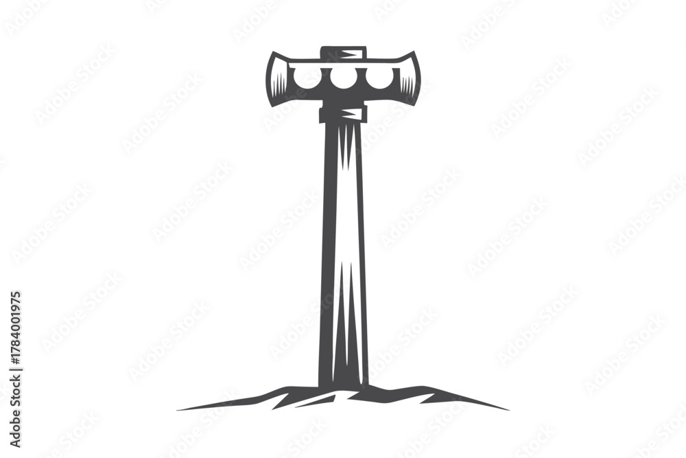 Fototapeta premium Isolated stylized battle axe is depicted resting on uneven ground in dark gray