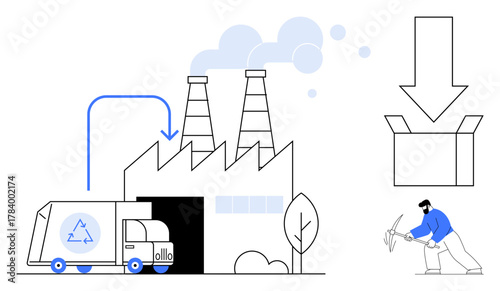 Recycling truck delivering waste to factory with chimneys, worker processing materials, and packaging box. Ideal for sustainability, recycling, manufacturing, logistics, ecology, environmental