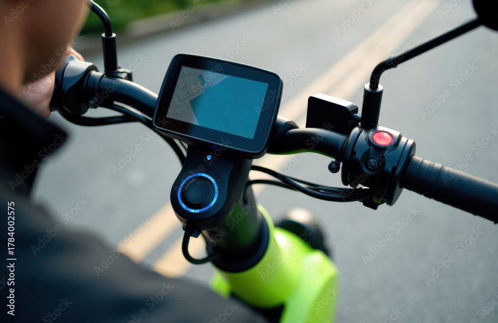 Fototapeta premium Electric bicycle handlebar with digital display and control buttons on a city street