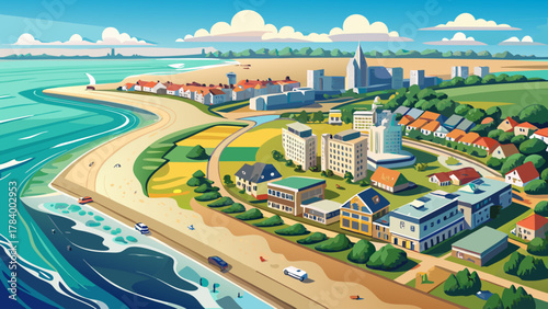 Very beautiful aerial view of Revere Beach and its historic coastal area in spring, in the city of Revere near Boston, Massachusetts, USA, featuring sandy shoreline, calm ocean waters, and a realistic