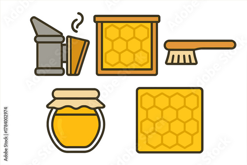 Beekeeping tools and honey production flat design icons set