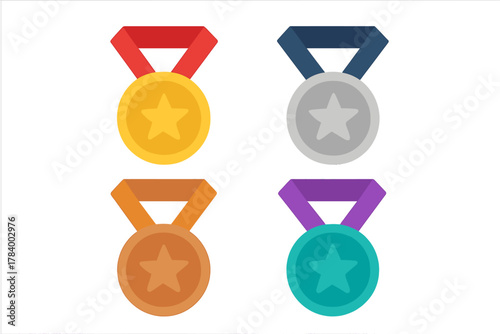 Four achievement medals with star emblem and colored ribbons