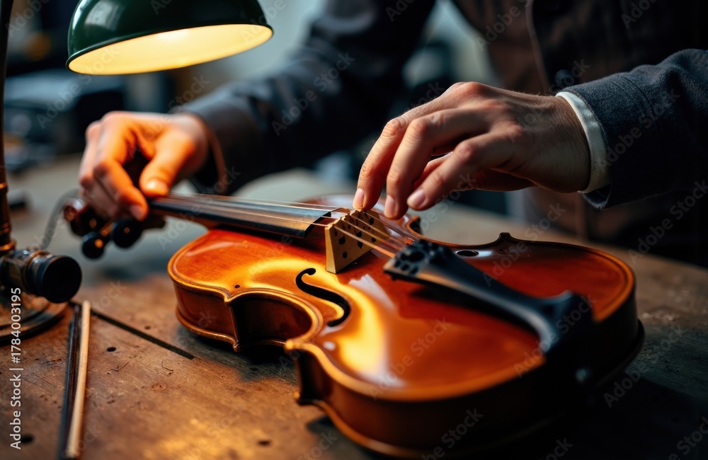 Fototapeta premium A person adjusting a violin on a wooden table in a workshop setting
