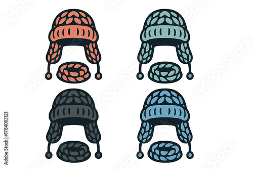 Set of four knitted winter trapper hats with ear flaps and matching pom poms