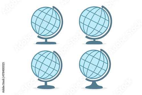 Four blue globe icons displayed from different perspectives on white