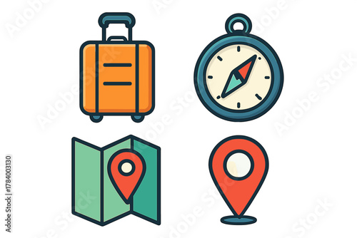 Set of travel and navigation icons including suitcase compass and map markers
