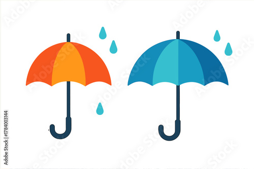 Colorful umbrellas protecting from falling raindrops icon set