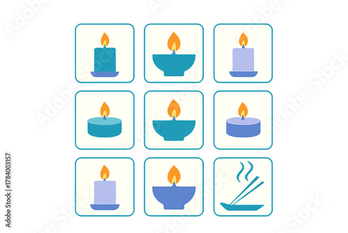 Collection of various burning candles and incense sticks symbols