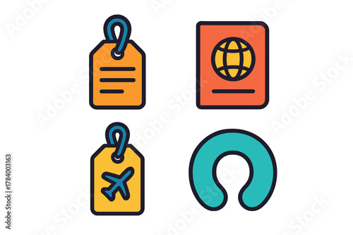 Set of travel accessories icons featuring passport and luggage tags