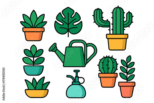 Various potted houseplants and essential gardening tool icons collection